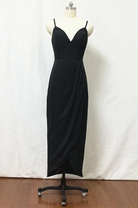 Low Prices Straps Black Sheath Tea Length Bridesmaid Dress