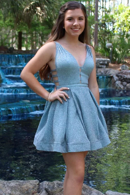 Special Discount Glitter A-Line Blue V-Neck Short Homecoming Dress