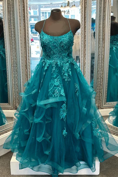 Best Bargains Teal Scoop Neck Straps Appliques Tiered Tulle Long Prom Dress