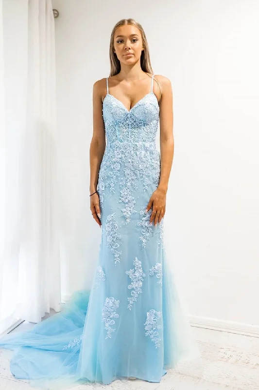 Huge Discounts Baby Blue Mermaid Spaghetti Strap Prom Dress with Lace
