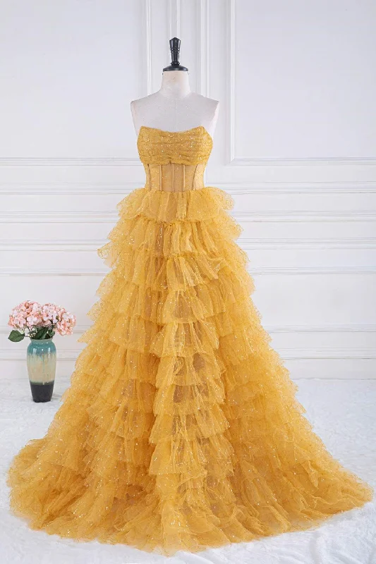 Today’s Deal Gold Strapless Sequin Ruffle Layered Long Prom Dress