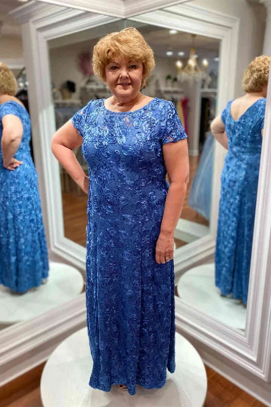 Low Prices Crew Neck Blue Appliques Long Mother of Bride Dress