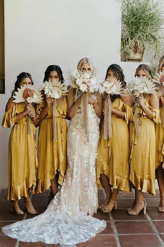 Special Discount Ruffles Cold Sleeves Tea-Length Mustard Yellow Bridesmaid Dress