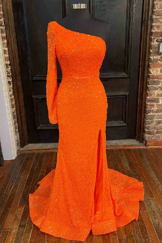 Instant Discount Orange Long Sleeve Sequined Prom Dress with Slit