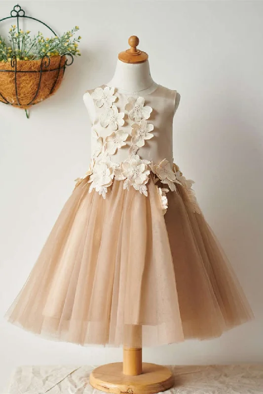Big Discounts Custom Order A-Line Champagne Flower Girl Dress with Flowers