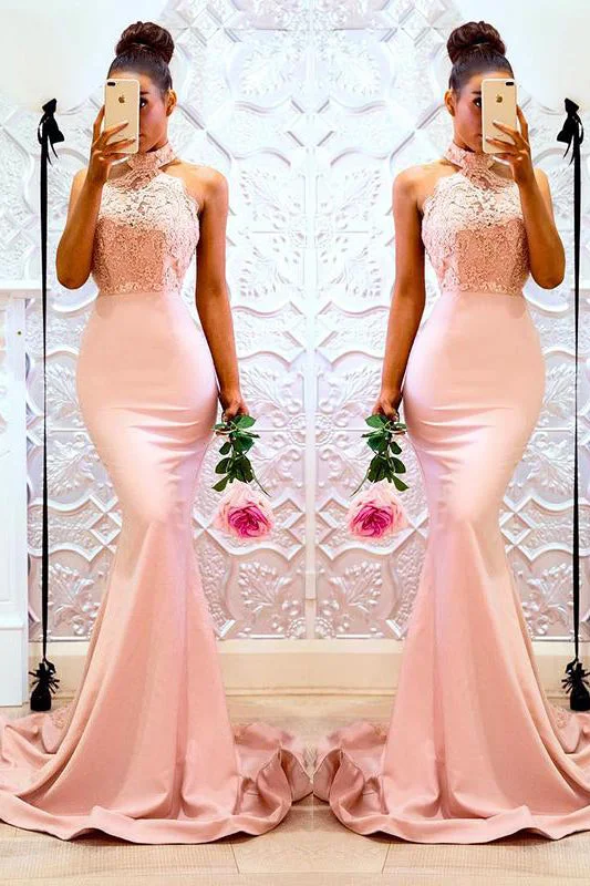 Holiday Sale Mermaid High Neck Appliques Long Pink Bridesmaid Dress
