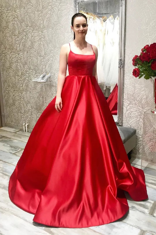 Exclusive Online Offer Simple Spaghetti Straps Long Satin Red Prom Dress