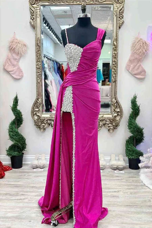 Price Break Chic Asymmertrical Fuchsia Beaded Long Porm Dress