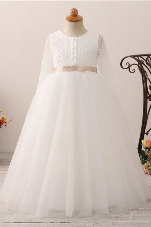 Bargain Prices Long Slweeves Tulle and Lace White Flower Girl Dress with Bow