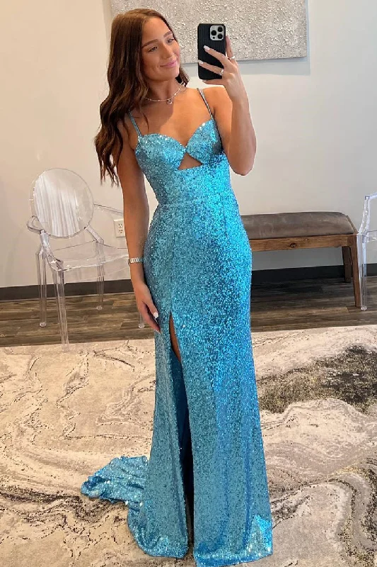 Deep Discounts Double Straps Light Blue Cut out Sequin  Long Prom Dress