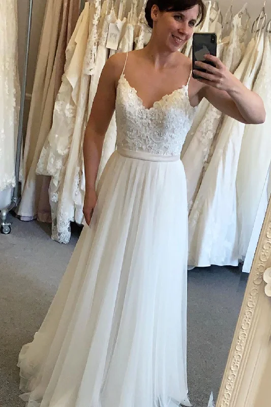 Super Sale Long A-line Spaghetti Strap Ivory Wedding Dress with Lace
