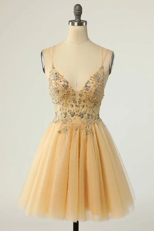 Crazy Savings Straps Yellow Beaded Tulle Short Homecoming Dress