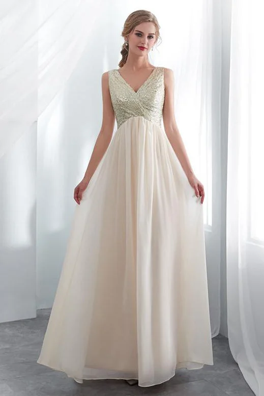 Crazy Deals A-Line Champagne Sequins Long Prom Dress