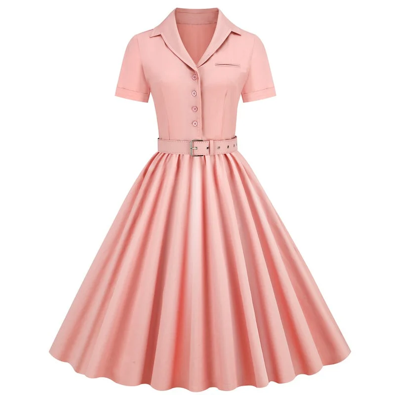 Price Rollback Hepburn Style Blush Pink Vintage Dress with Short Sleeves