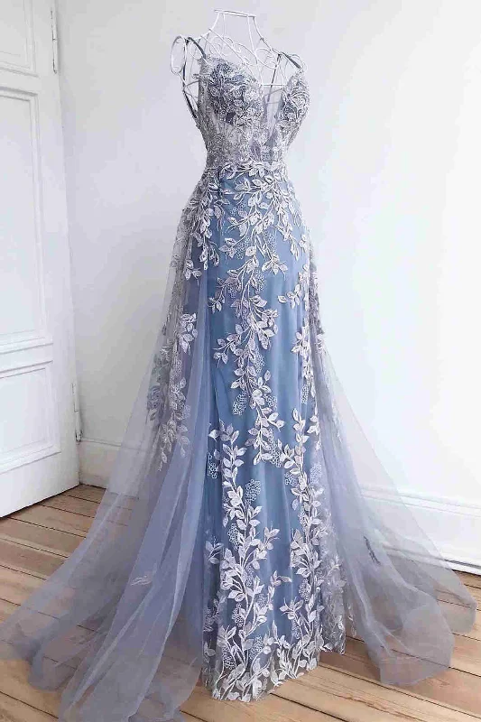 Fantastic Offers Stunning Dsuty Blue Tulle Long Formal Dress with Appliques