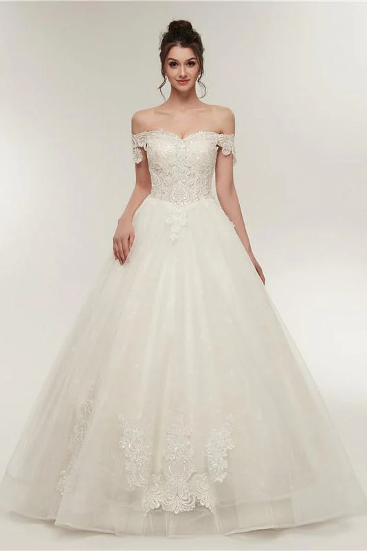 Clearance Items Pirncess Long Off Shoulder A-line Ivory Wedding Dress with Lace