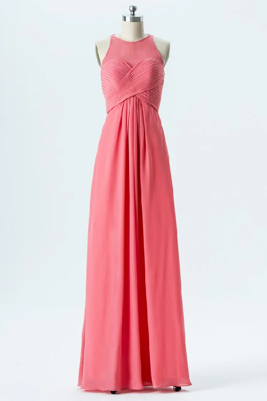 Super Sale Coral Halter Pleated Chiffon Bridesmaid Dress