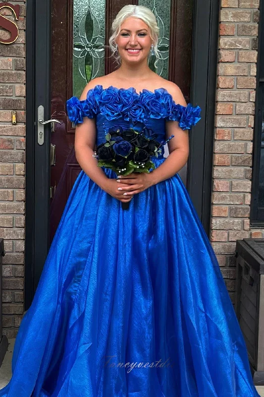 Major Savings Royal Blue A-Line Pleated Prom Dress with Flower Off Shoulder