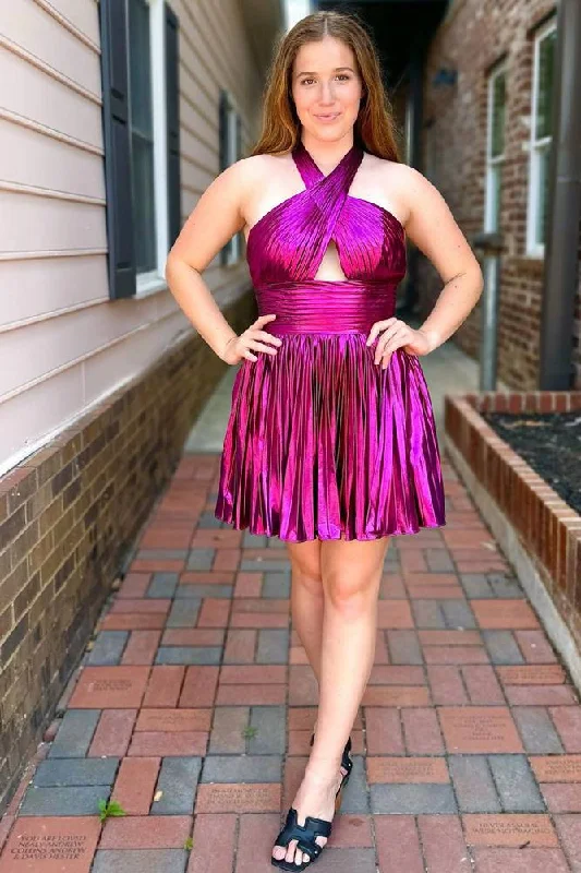 YEAR-End Clearance Metallic Fuchsia Halter Keyhole Pleated Short Homecoming Dress