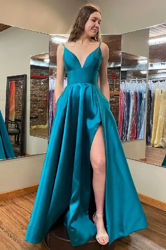 Weekend Flash Sale A-Line Side Slit Teal Long Prom Dress with Pockets