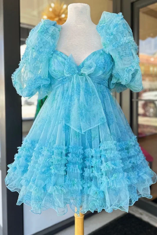 Amazing Deals Blue Floral Print Short Baby Doll Homecoming Dress with Balloon Sleeves