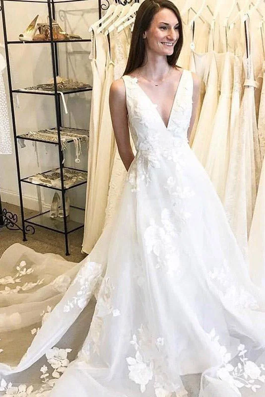 Price Drop Princess Long V-Neck A-line White Wedding Dress with Lace