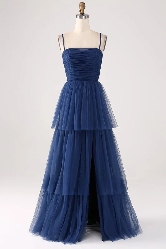 Fantastic Offers Straps Navy Blue Lace-Up Layered Maxi Dress