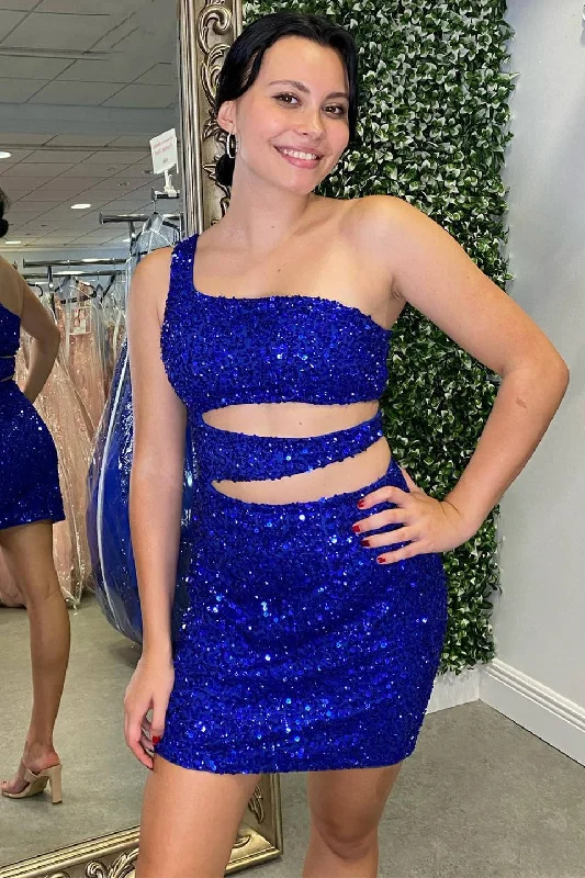 Mega Deal Cutout Royal Blue One Shoulder Sequin Bodycon Homecoming Dress