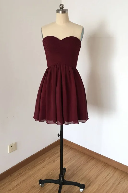 Flash Sale Sweetheart Burgundy A-Line Chiffon Short Bridesmaid Dress