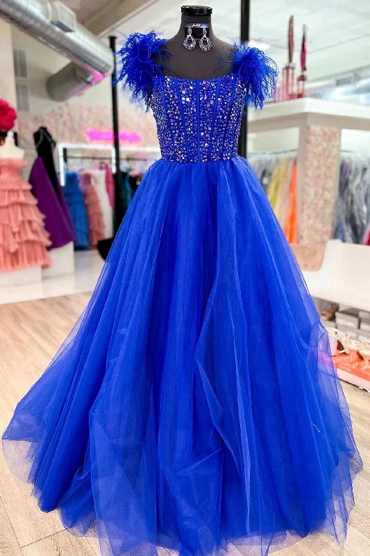 Early Access Royal Blue A-line Scoop Neck Rhinestone Long Prom Dress with Feathers