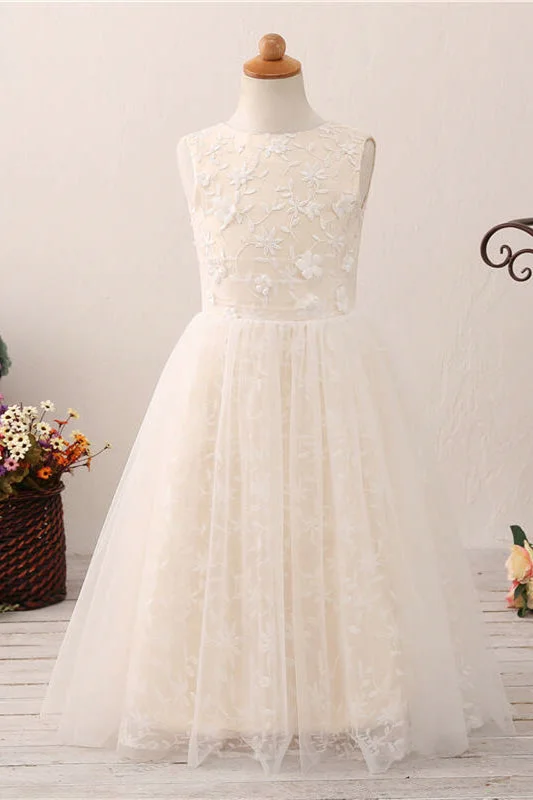 Extra Savings Chic Hollow Back Ivory Flower Girl Dress with Lace Appliques