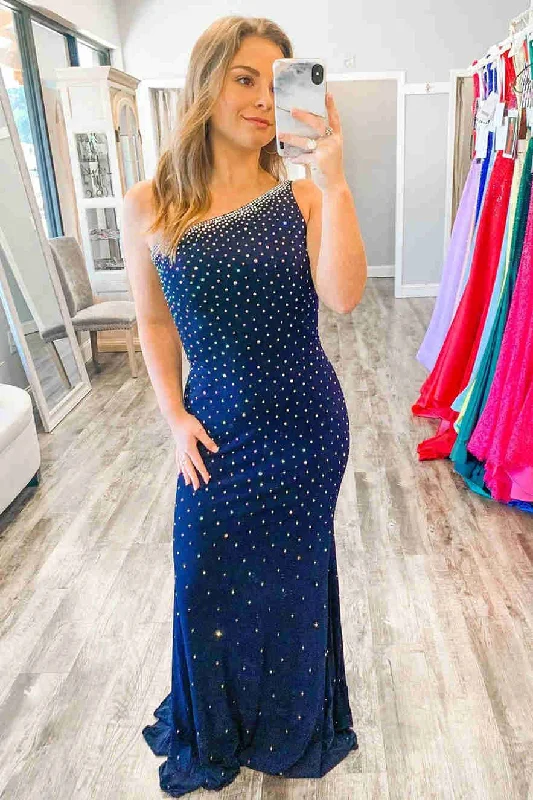 Year-End Clearance Stunning Navy Blue Long Prom Dress with Rhinestones