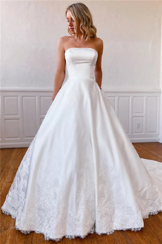 The Best Prices Lace Appliques Long Strapless White Wedding Dress with Pockets