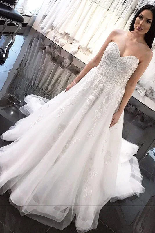 Flash Sale Princess Long Sweetheart A-line White Wedding Dress with Lace