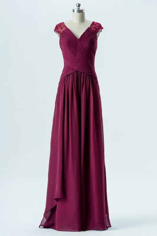 Lowest Price Wine Red Lace Cap Sleeves Long Bridesmaid Dress