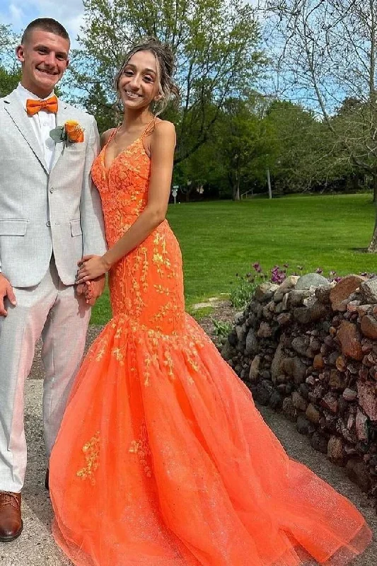 Referral Discount Orange Applique Mermaid Prom Dress with Lace-up Back