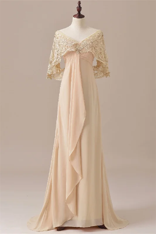 Instant Discount V-Neck Lace Draped Sleeves Ruffle Long Mother of the Bride Dress