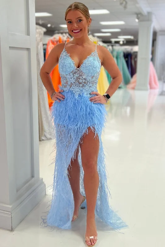 Limited Stock Sky Blue Mermaid Feathers Straps Beaded Appliques Long Prom Dress with Slit