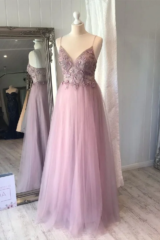 Act Now A-line Spaghetti Strap Lilac Prom Dress with Flowers