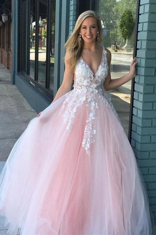 Buy Now Ball Gown V Neck Pink Prom Dress with White Lace