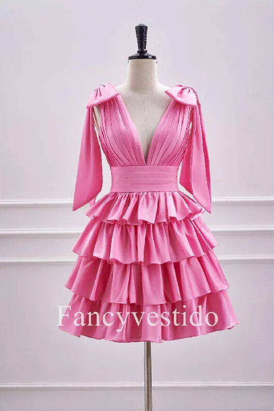 Price Smash Plunging Hot Pink Bow Sleeves Ruffle A-Line Short Homecoming Dress