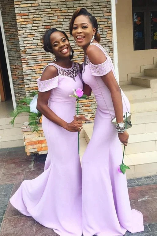 Limited Time Offer Elegant Cold Sleeves Mermaid Long Lilac Bridesmaid Dress with Beads