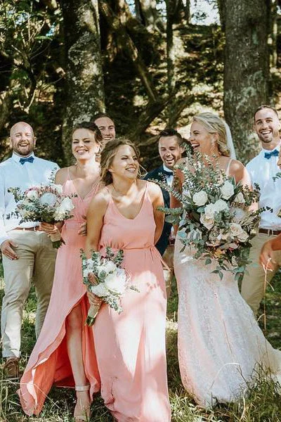 Overstock Spaghetti Straps Long Chiffon Blush Pink Bridesmaid Dress with Slit