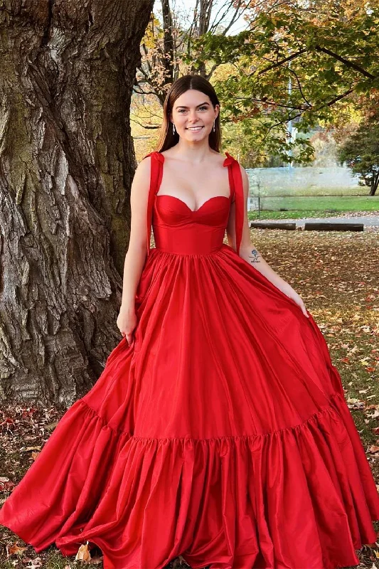Lowest Price Tie Straps Red Corset A-Line Long Prom Dress