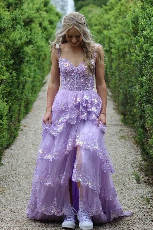 Special Savings Straps Lavender Applique Ruffle Prom Dress with Slit