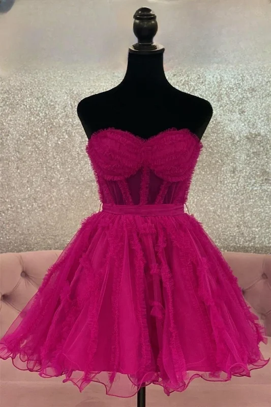 Super Deal Fuchsia Strapless Ruffles A-line Tulle Homecoming Dress