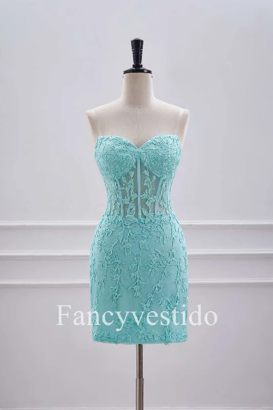 Friends and Family Sale Strapless Aqua Blue Corset Tight Homecoming Dress with Appliques