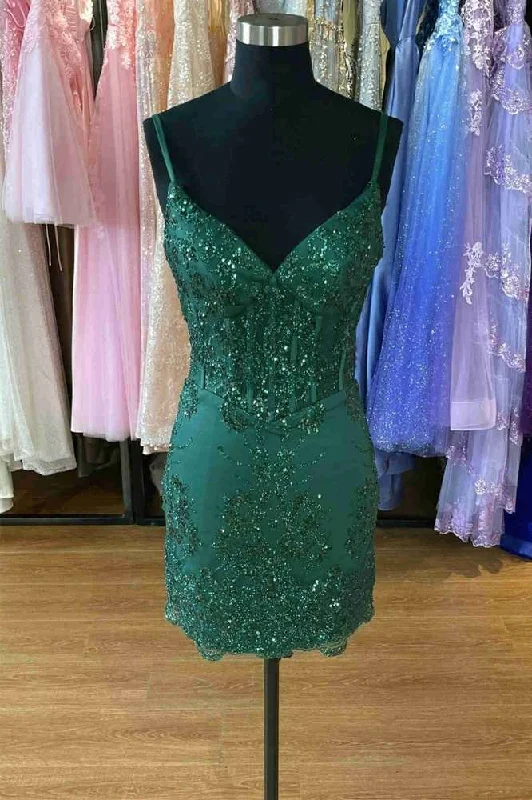 Super Deal V-Neck Straps Hunter Green Appliques Bodycon Homecoming Dress