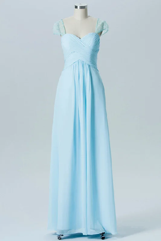 Referral Discount Pleated Chiffon Pale Blue Bridesmaid Dress with Cap Sleeves