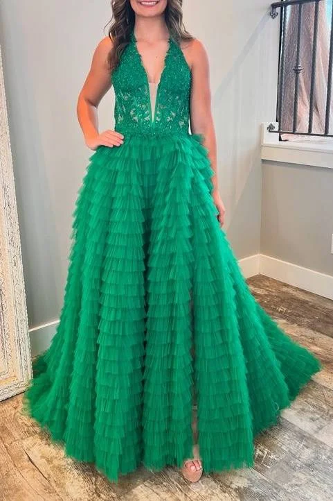 Season Finale Sale Halter Applique Multi-Layered Prom Dress with Slit
